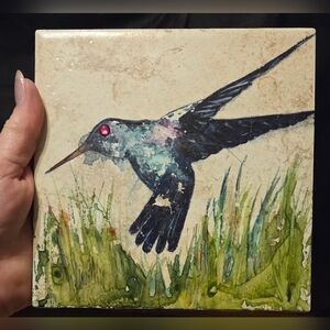 Hand-painted Ceramic Tile Watercolor Style Hummingbird Rhinestone Eye 6x6"